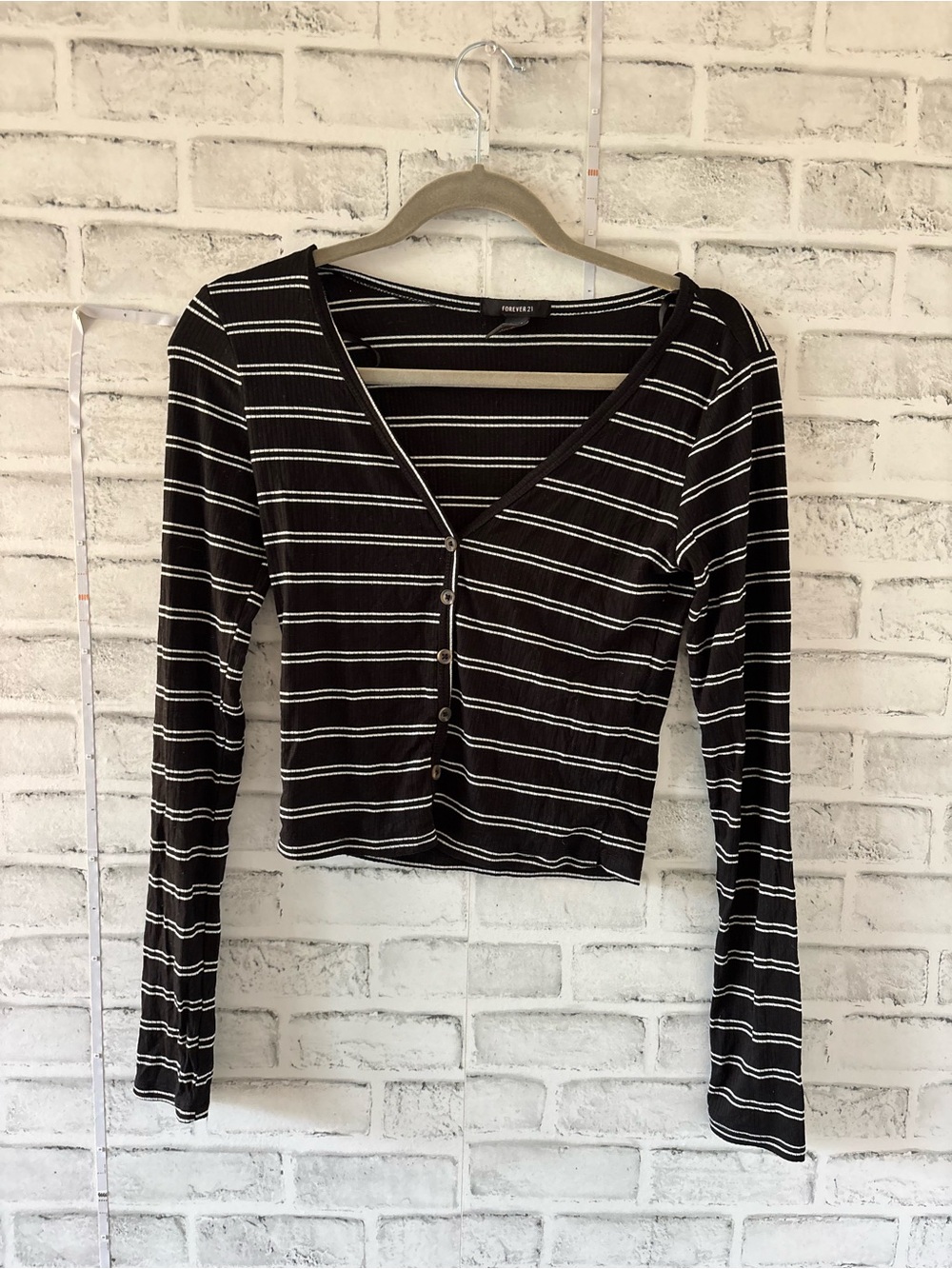 Forever 21 Black & White Striped V-Neck Button Crop Top